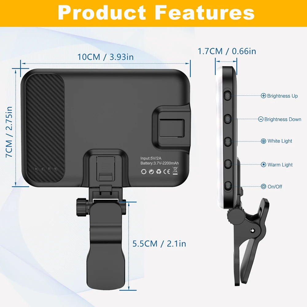 Selfie Light 60 LED 2200Mah Cell Phone Fill Light 7 Modes 10-Level Brightness Portable Clip on Light for Camera /Tablet/Laptop