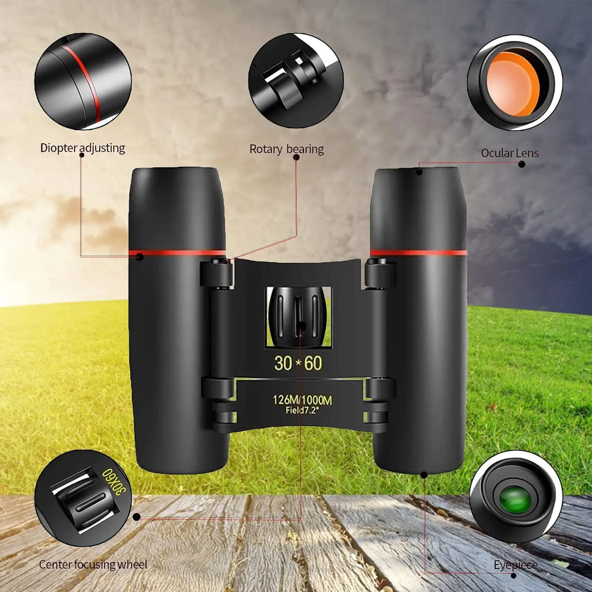 Professional 30X60 Telescope Mini Compact Folding Binoculars HD Portable for Child Outdoor Bird Watching Camping Travel Gift